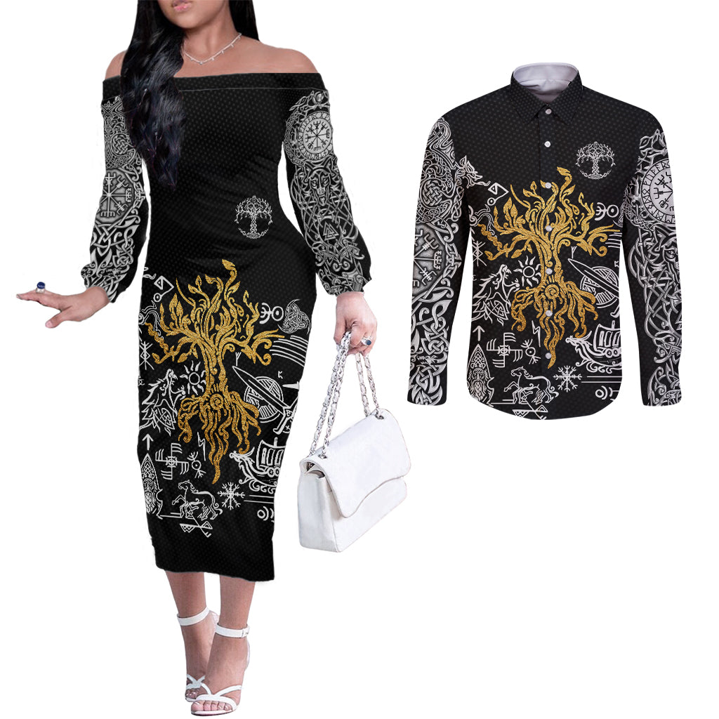 viking-couples-matching-off-the-shoulder-long-sleeve-dress-and-long-sleeve-button-shirts-yggdrasil-pattern-and-ancient-rune