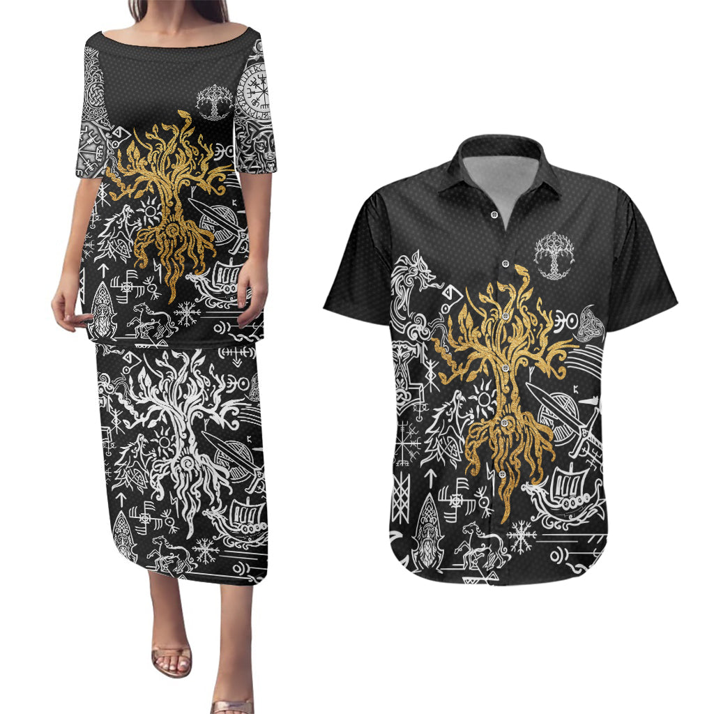 Viking Couples Matching Puletasi Dress and Hawaiian Shirt Yggdrasil Pattern And Ancient Rune - Wonder Print Shop