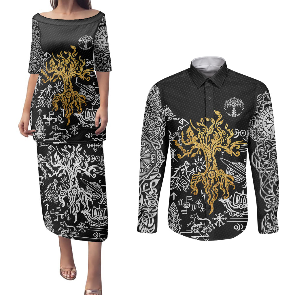 Viking Couples Matching Puletasi Dress and Long Sleeve Button Shirts Yggdrasil Pattern And Ancient Rune - Wonder Print Shop
