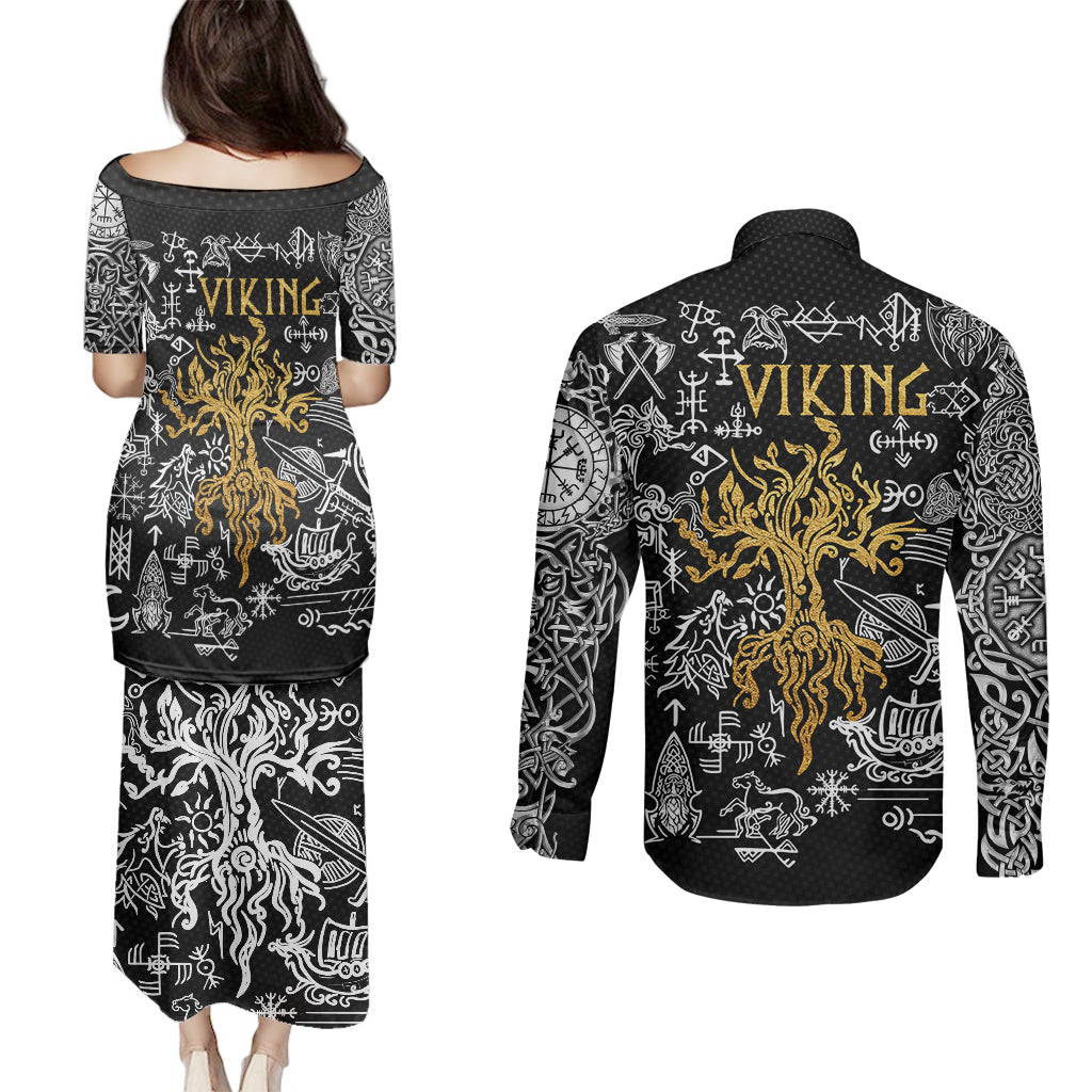 Viking Couples Matching Puletasi Dress and Long Sleeve Button Shirts Yggdrasil Pattern And Ancient Rune - Wonder Print Shop