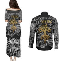 Viking Couples Matching Puletasi Dress and Long Sleeve Button Shirts Yggdrasil Pattern And Ancient Rune - Wonder Print Shop