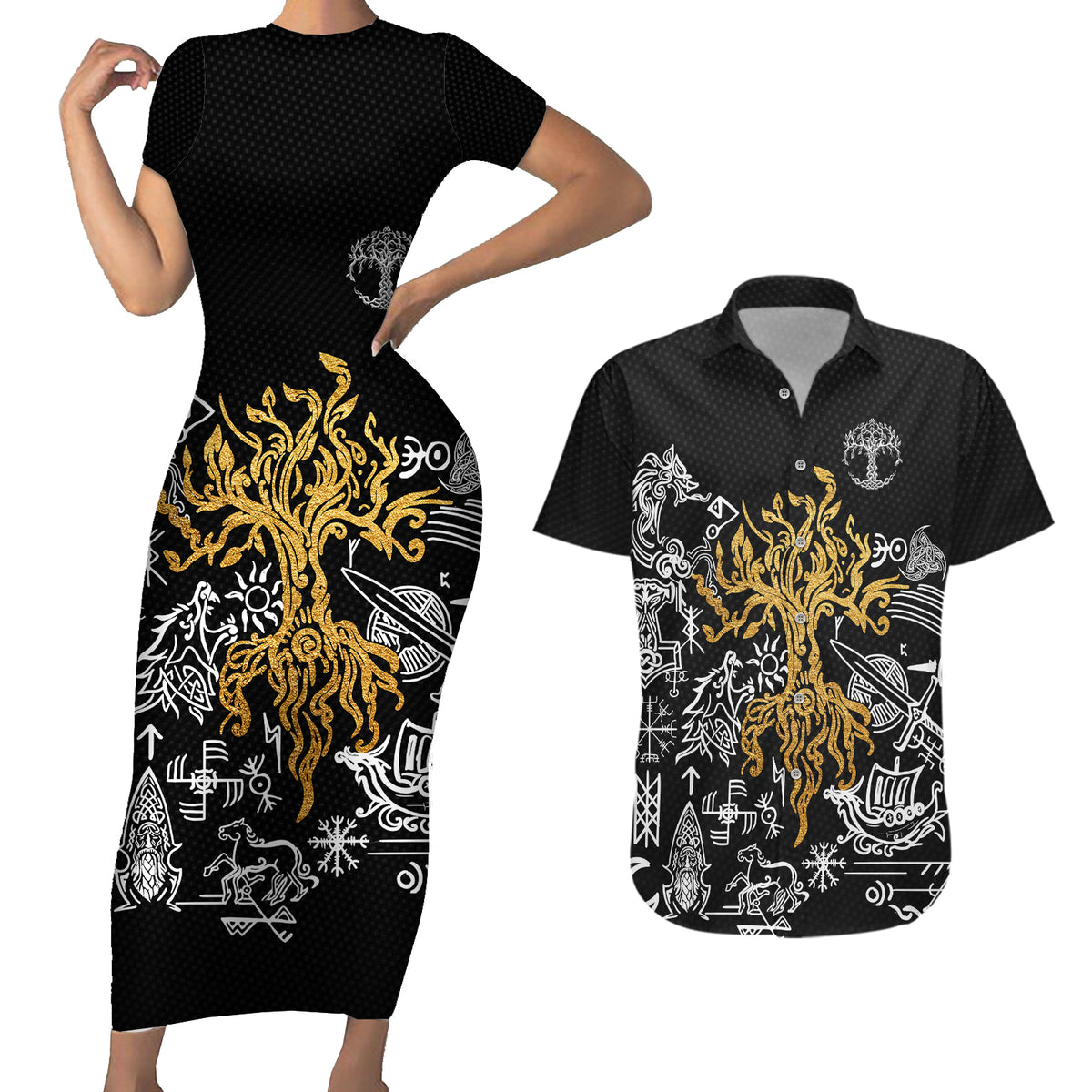 Viking Couples Matching Short Sleeve Bodycon Dress and Hawaiian Shirt Yggdrasil Pattern And Ancient Rune - Wonder Print Shop