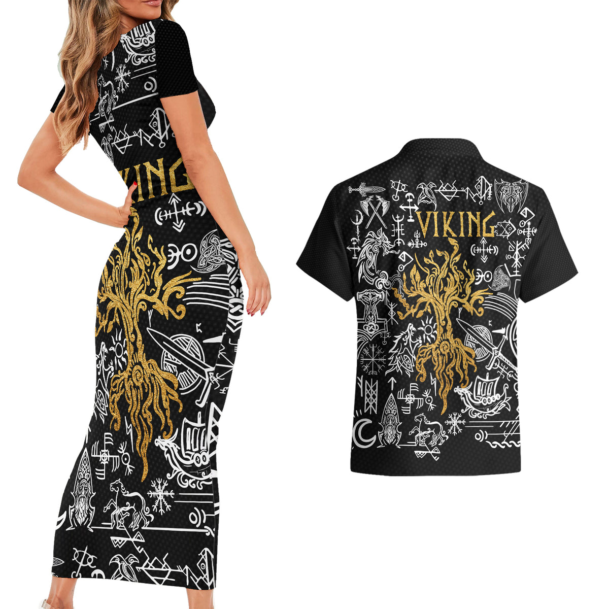 Viking Couples Matching Short Sleeve Bodycon Dress and Hawaiian Shirt Yggdrasil Pattern And Ancient Rune - Wonder Print Shop