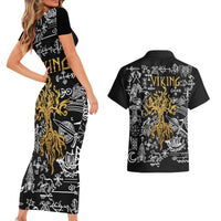 Viking Couples Matching Short Sleeve Bodycon Dress and Hawaiian Shirt Yggdrasil Pattern And Ancient Rune - Wonder Print Shop