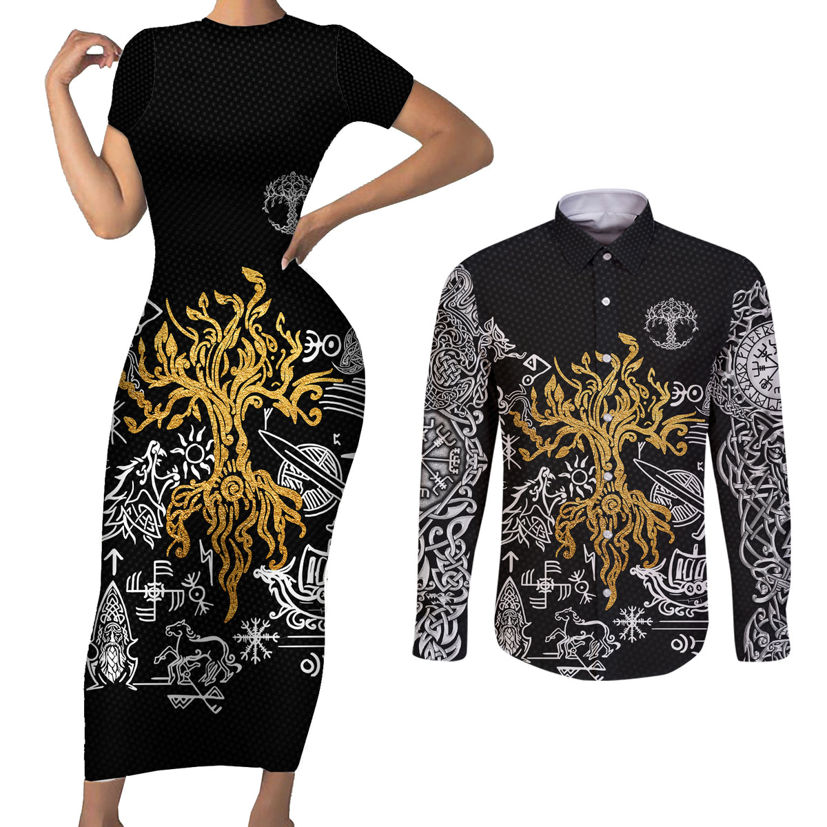 Viking Couples Matching Short Sleeve Bodycon Dress and Long Sleeve Button Shirts Yggdrasil Pattern And Ancient Rune - Wonder Print Shop
