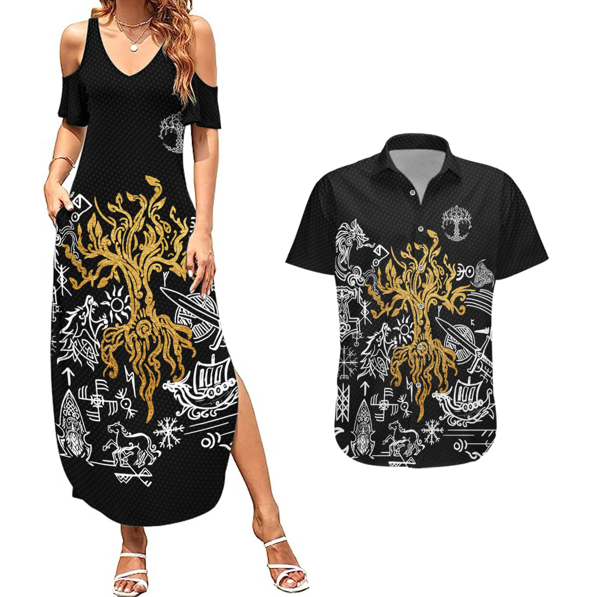Viking Couples Matching Summer Maxi Dress and Hawaiian Shirt Yggdrasil Pattern And Ancient Rune - Wonder Print Shop