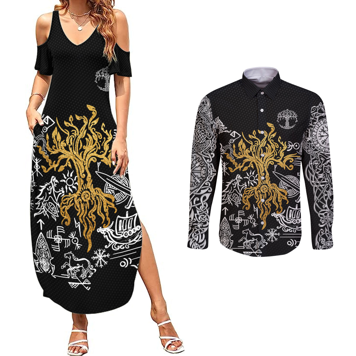 Viking Couples Matching Summer Maxi Dress and Long Sleeve Button Shirts Yggdrasil Pattern And Ancient Rune - Wonder Print Shop