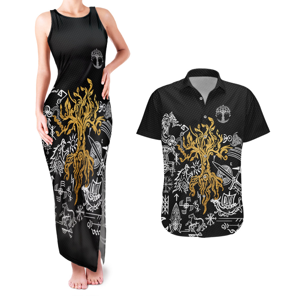 Viking Couples Matching Tank Maxi Dress and Hawaiian Shirt Yggdrasil Pattern And Ancient Rune - Wonder Print Shop