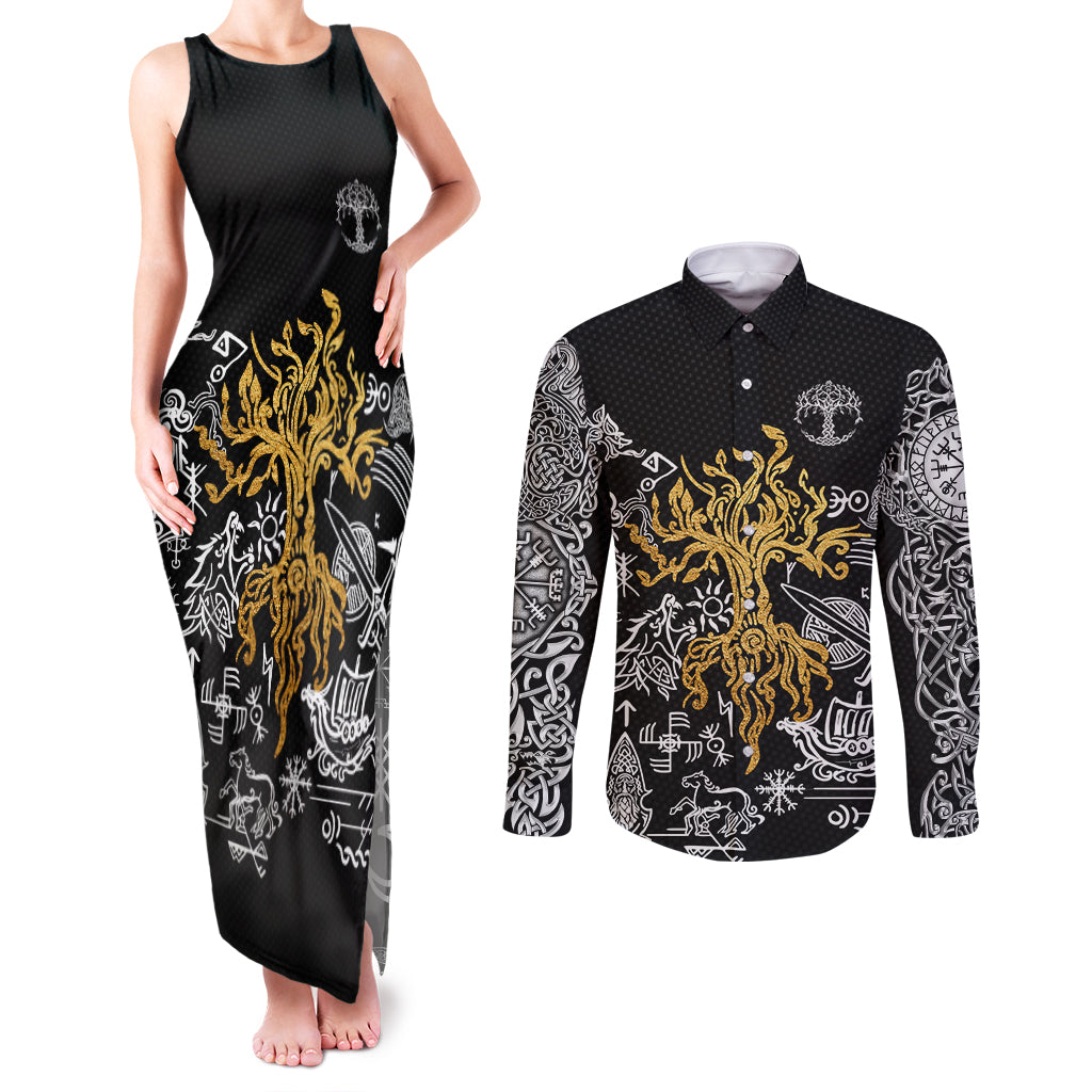 Viking Couples Matching Tank Maxi Dress and Long Sleeve Button Shirts Yggdrasil Pattern And Ancient Rune - Wonder Print Shop