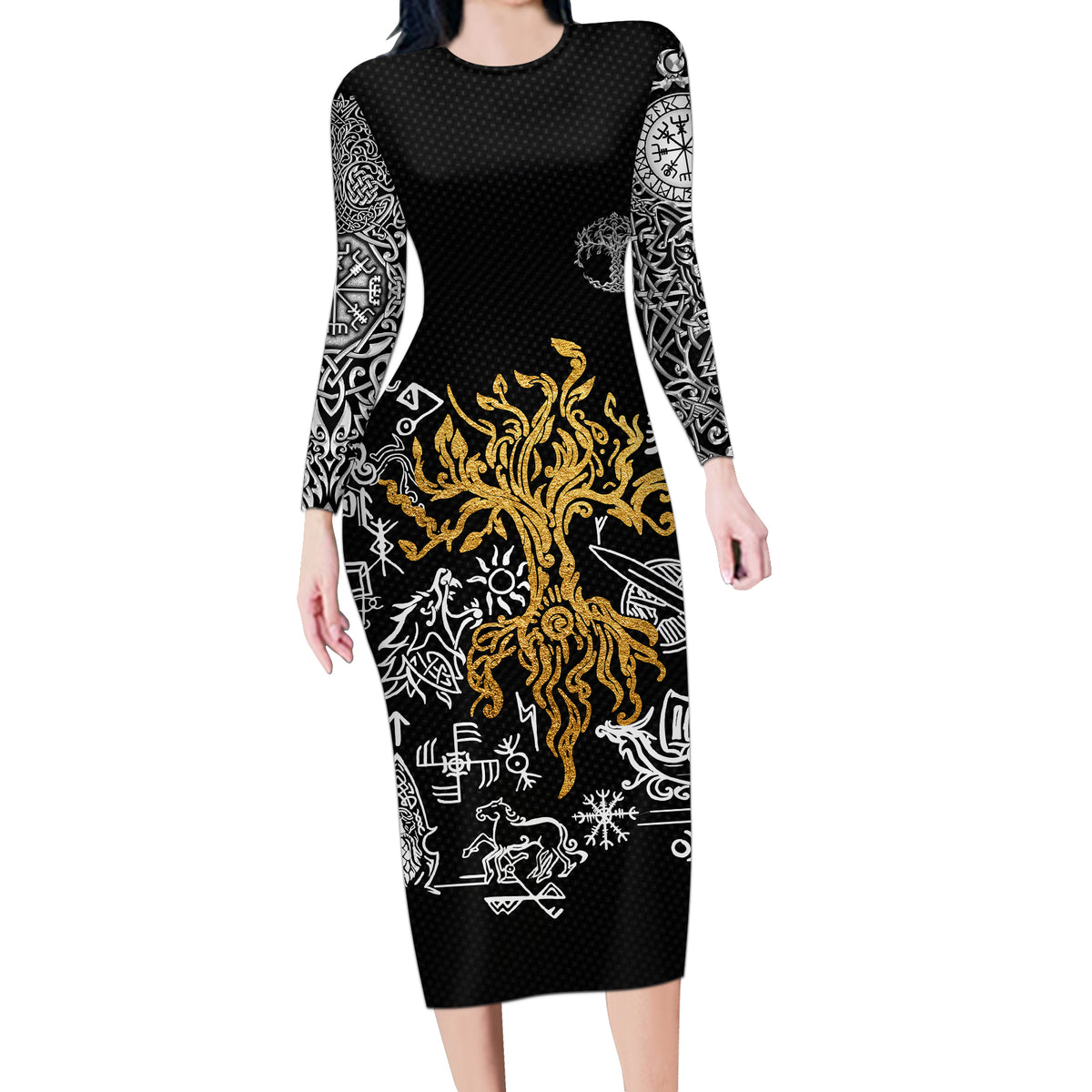 Viking Long Sleeve Bodycon Dress Yggdrasil Pattern And Ancient Rune - Wonder Print Shop