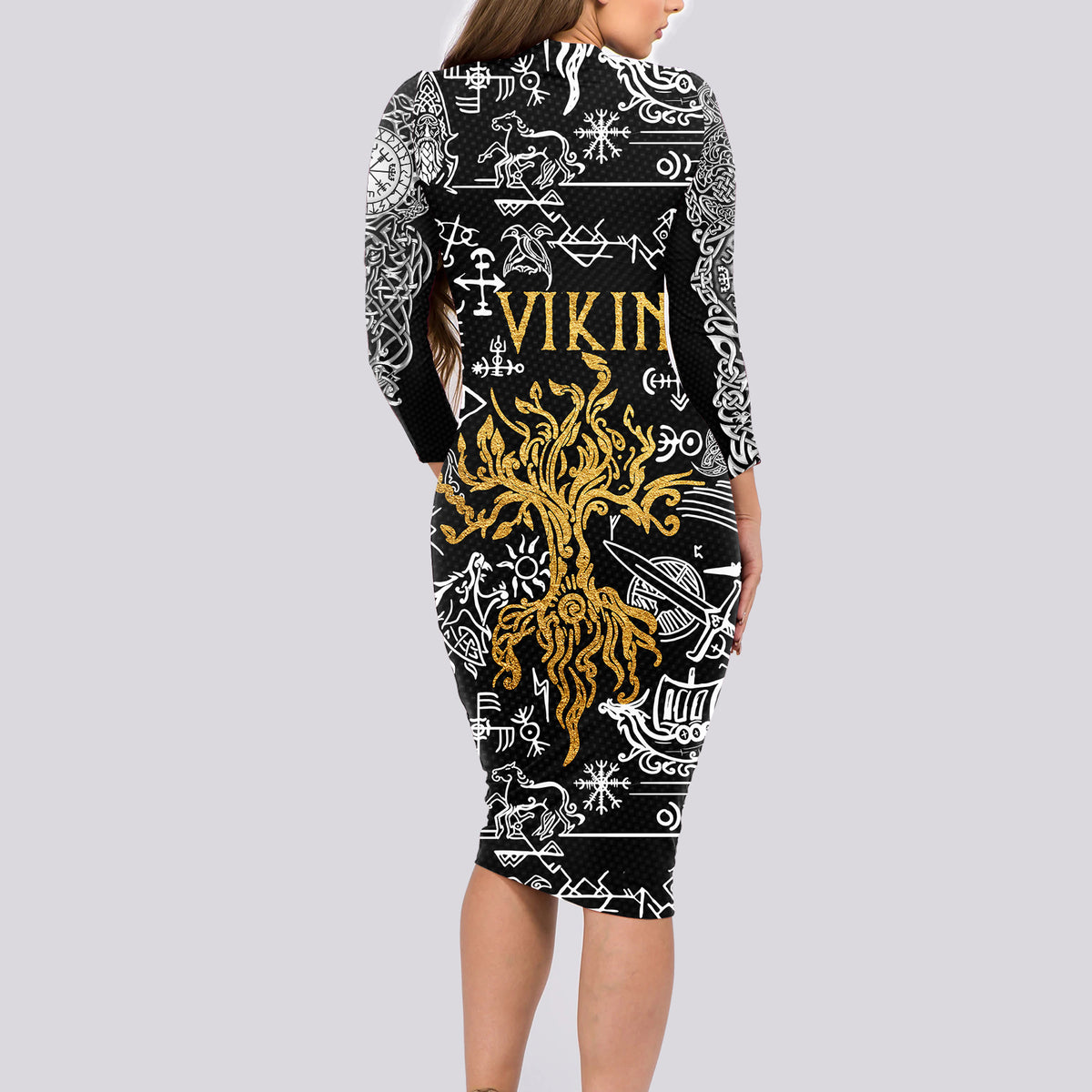 Viking Long Sleeve Bodycon Dress Yggdrasil Pattern And Ancient Rune - Wonder Print Shop