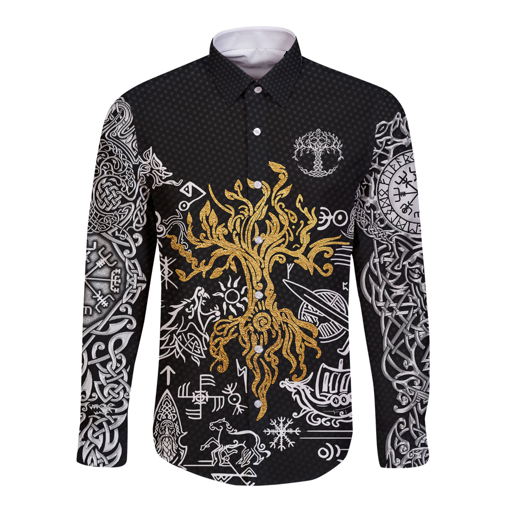 Viking Long Sleeve Button Shirt Yggdrasil Pattern And Ancient Rune - Wonder Print Shop