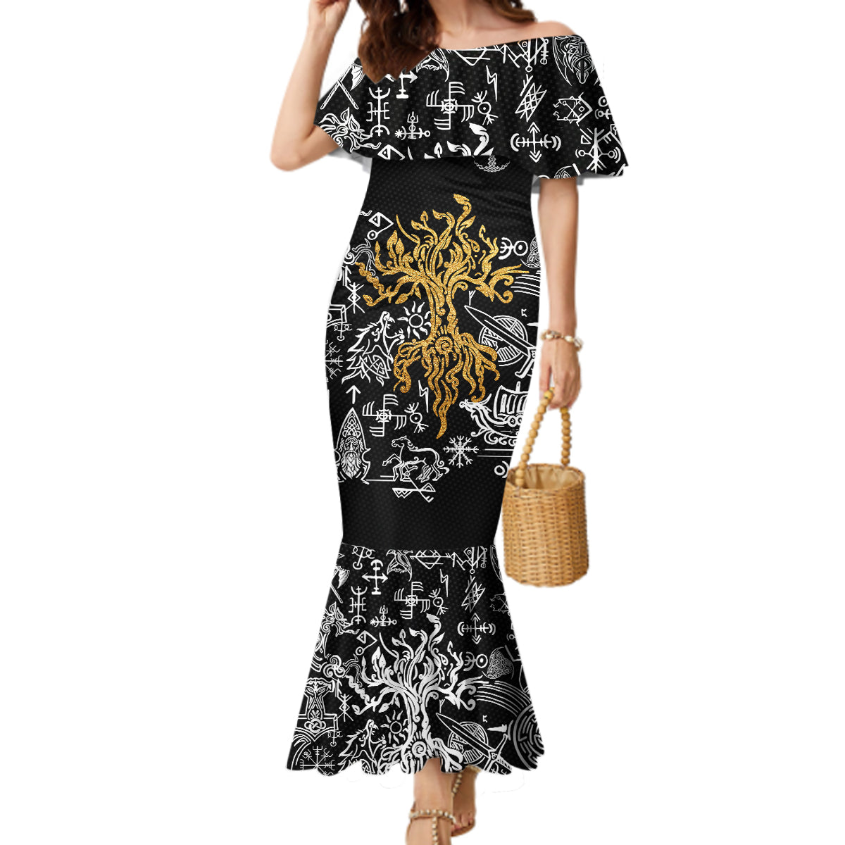 Viking Mermaid Dress Yggdrasil Pattern And Ancient Rune - Wonder Print Shop
