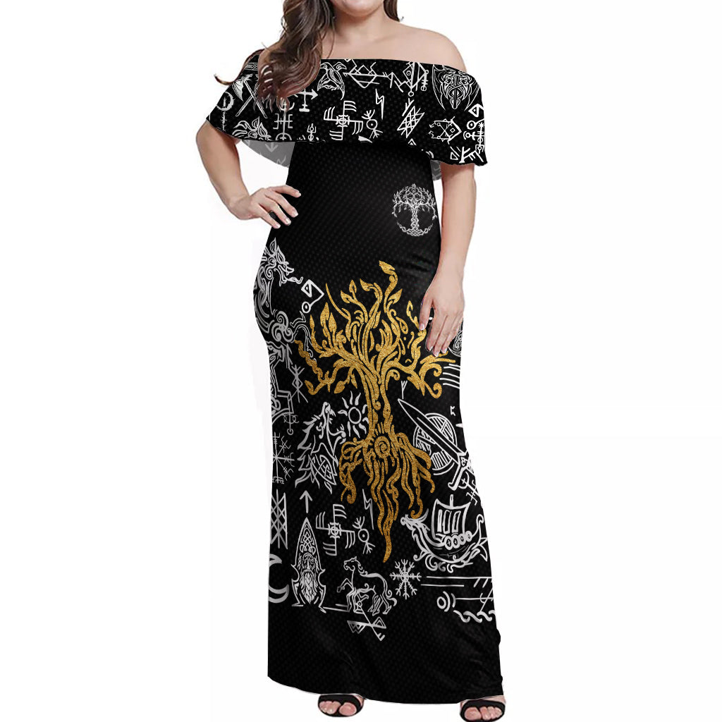 Viking Off Shoulder Maxi Dress Yggdrasil Pattern And Ancient Rune - Wonder Print Shop