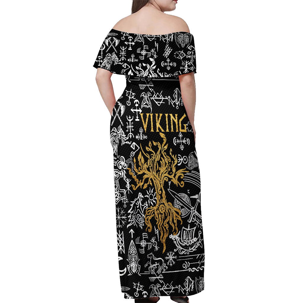 Viking Off Shoulder Maxi Dress Yggdrasil Pattern And Ancient Rune - Wonder Print Shop
