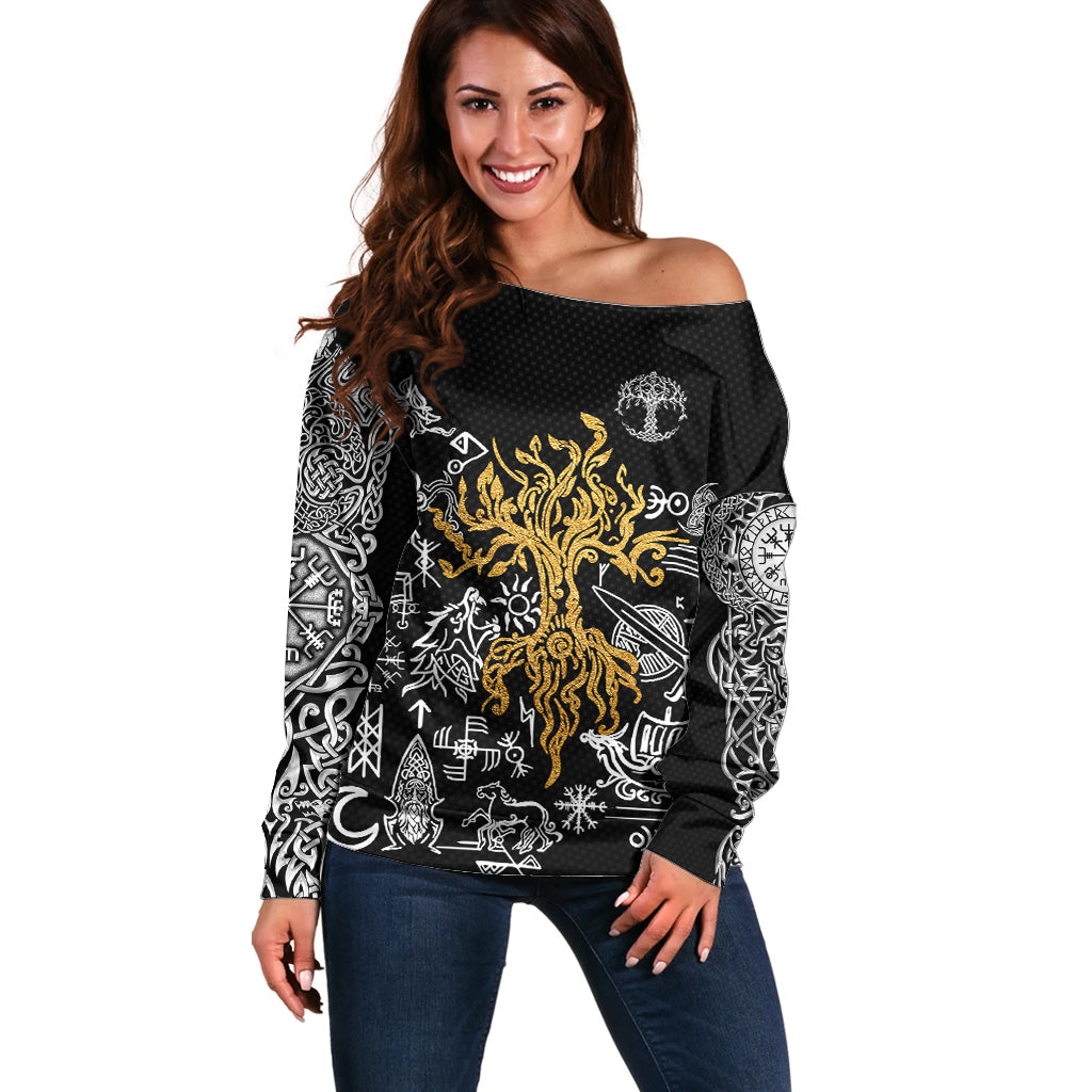 Viking Off Shoulder Sweater Yggdrasil Pattern And Ancient Rune - Wonder Print Shop