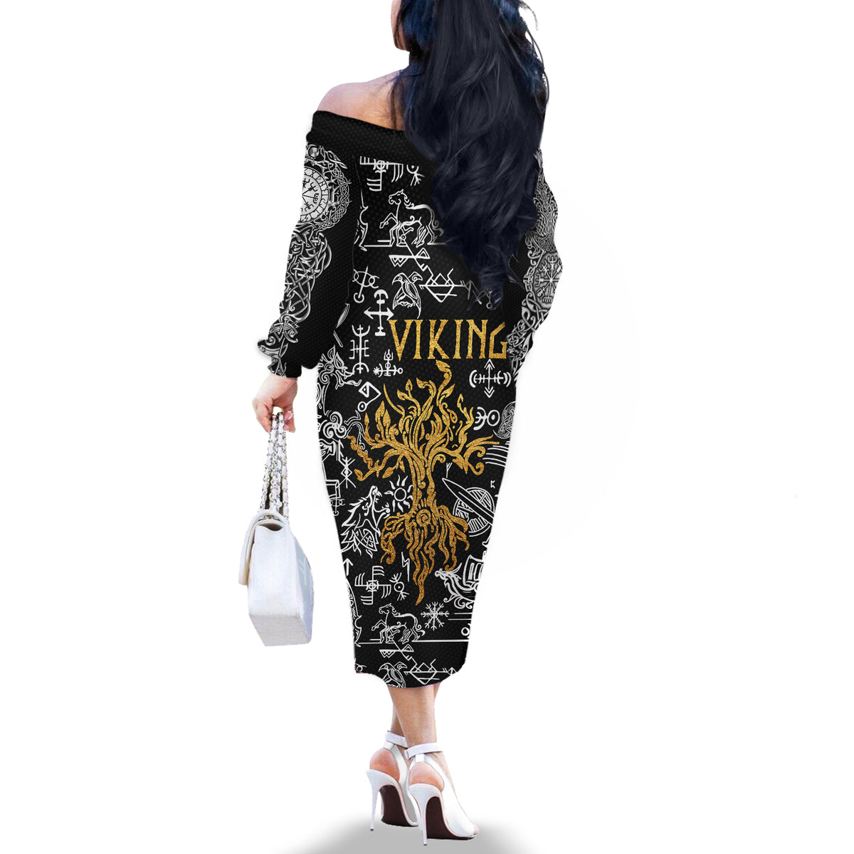 Viking Off The Shoulder Long Sleeve Dress Yggdrasil Pattern And Ancient Rune - Wonder Print Shop