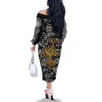Viking Off The Shoulder Long Sleeve Dress Yggdrasil Pattern And Ancient Rune - Wonder Print Shop