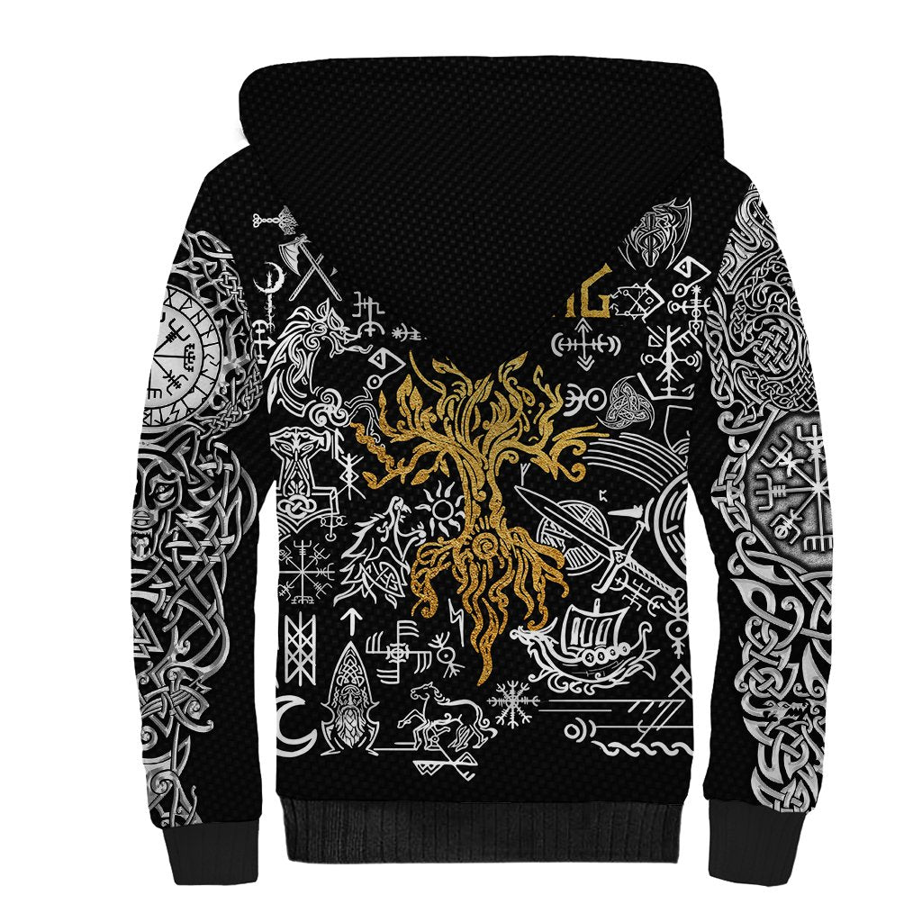 Viking Sherpa Hoodie Yggdrasil Pattern And Ancient Rune - Wonder Print Shop