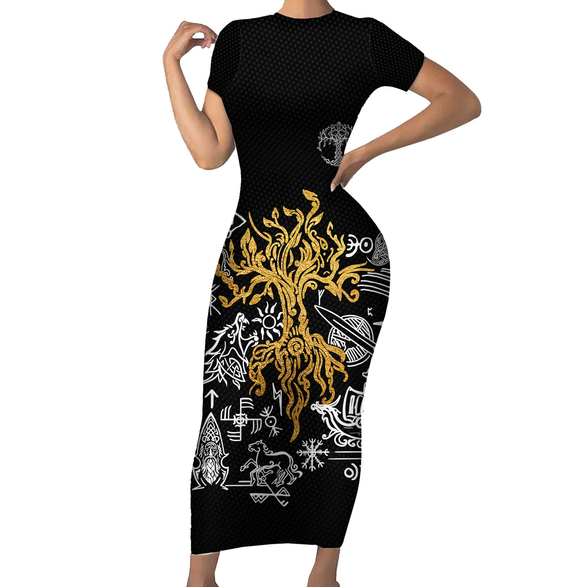 Viking Short Sleeve Bodycon Dress Yggdrasil Pattern And Ancient Rune - Wonder Print Shop