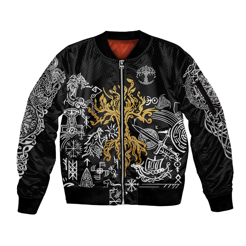 Viking Sleeve Zip Bomber Jacket Yggdrasil Pattern And Ancient Rune - Wonder Print Shop