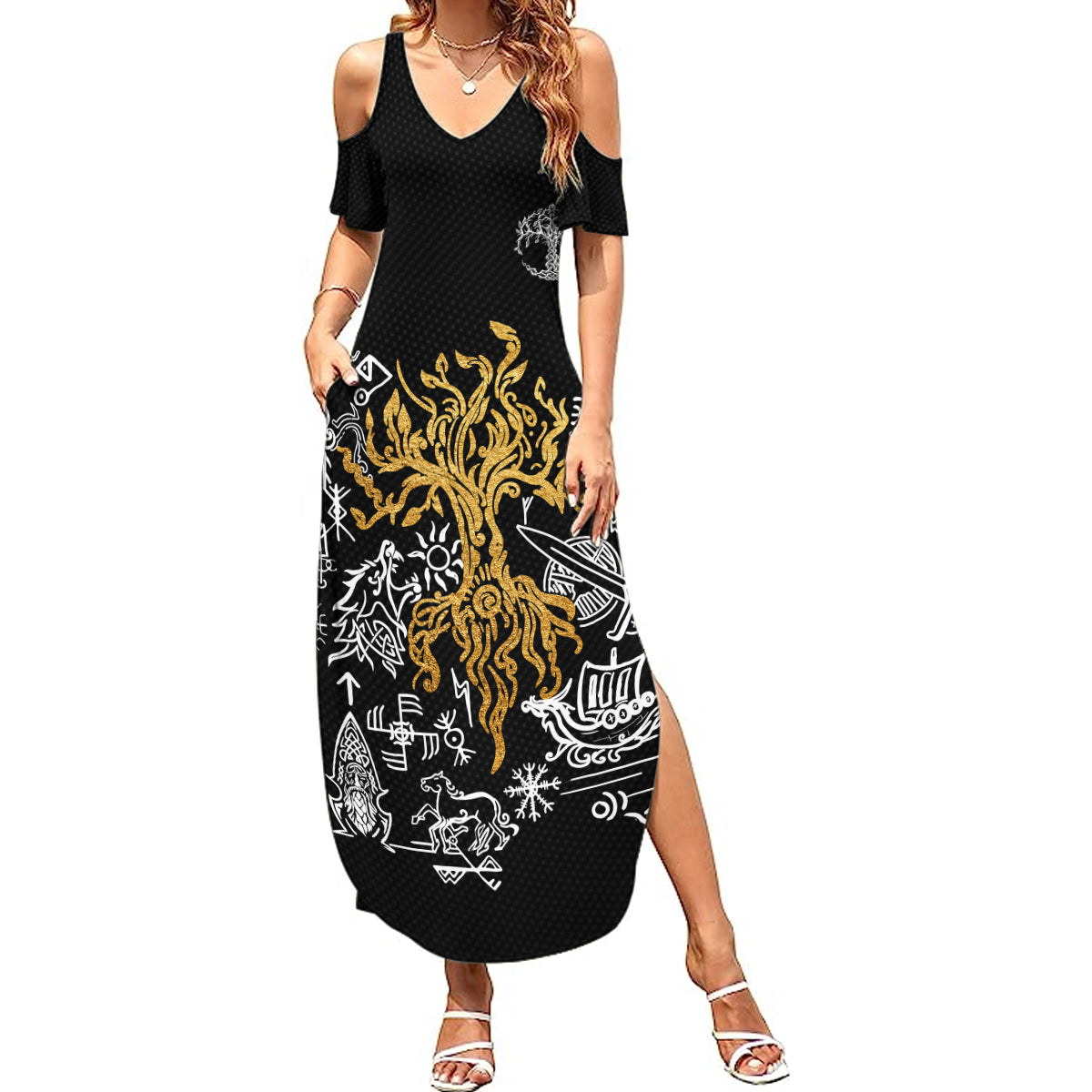 Viking Summer Maxi Dress Yggdrasil Pattern And Ancient Rune - Wonder Print Shop