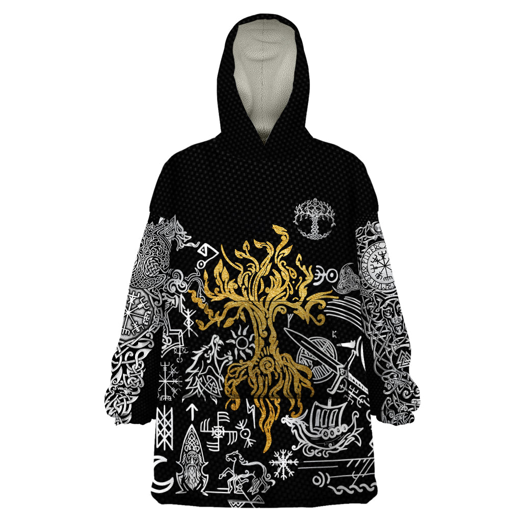 Viking Wearable Blanket Hoodie Yggdrasil Pattern And Ancient Rune - Wonder Print Shop