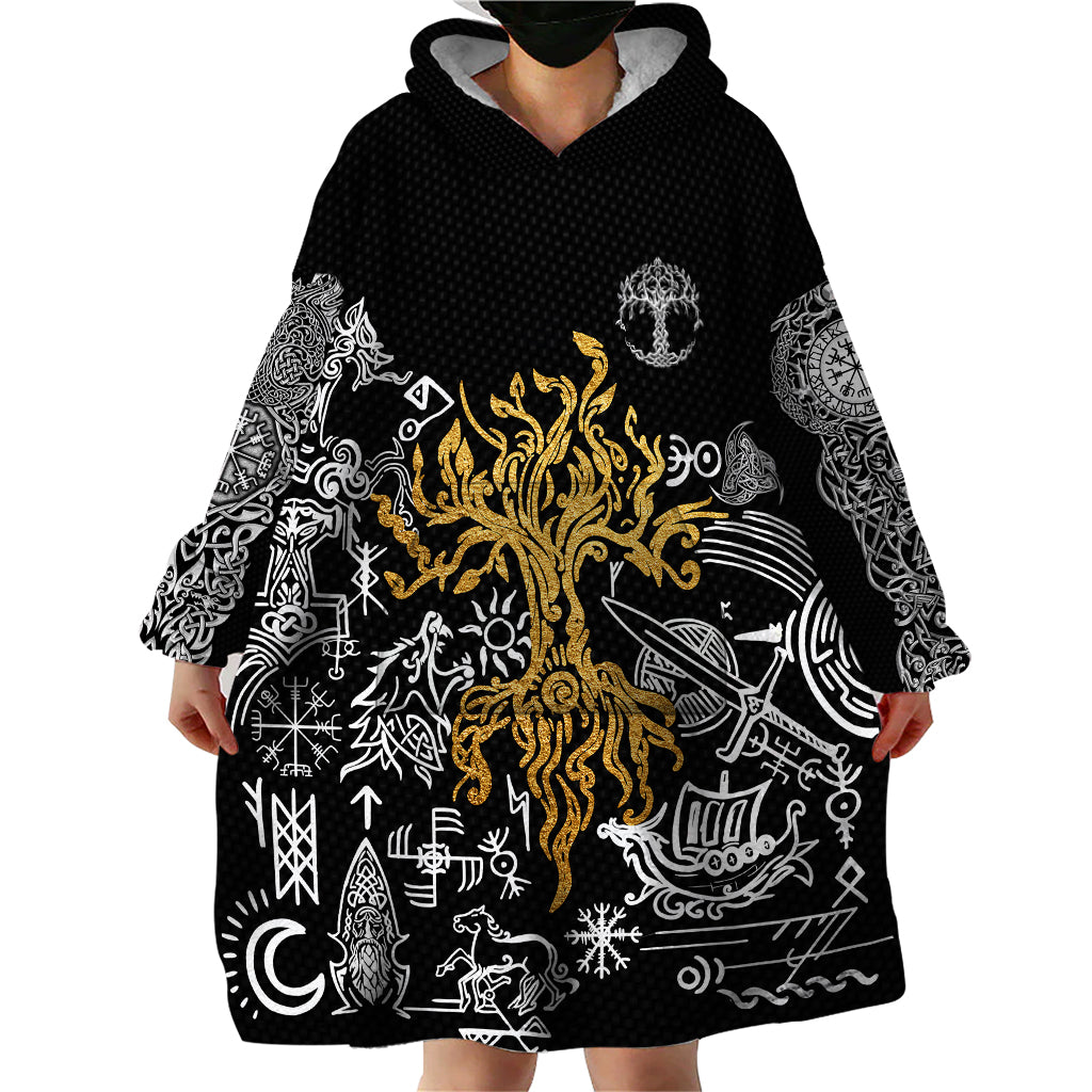 Viking Wearable Blanket Hoodie Yggdrasil Pattern And Ancient Rune - Wonder Print Shop