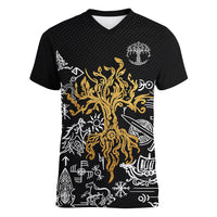 Viking Women V Neck T Shirt Yggdrasil Pattern And Ancient Rune - Wonder Print Shop