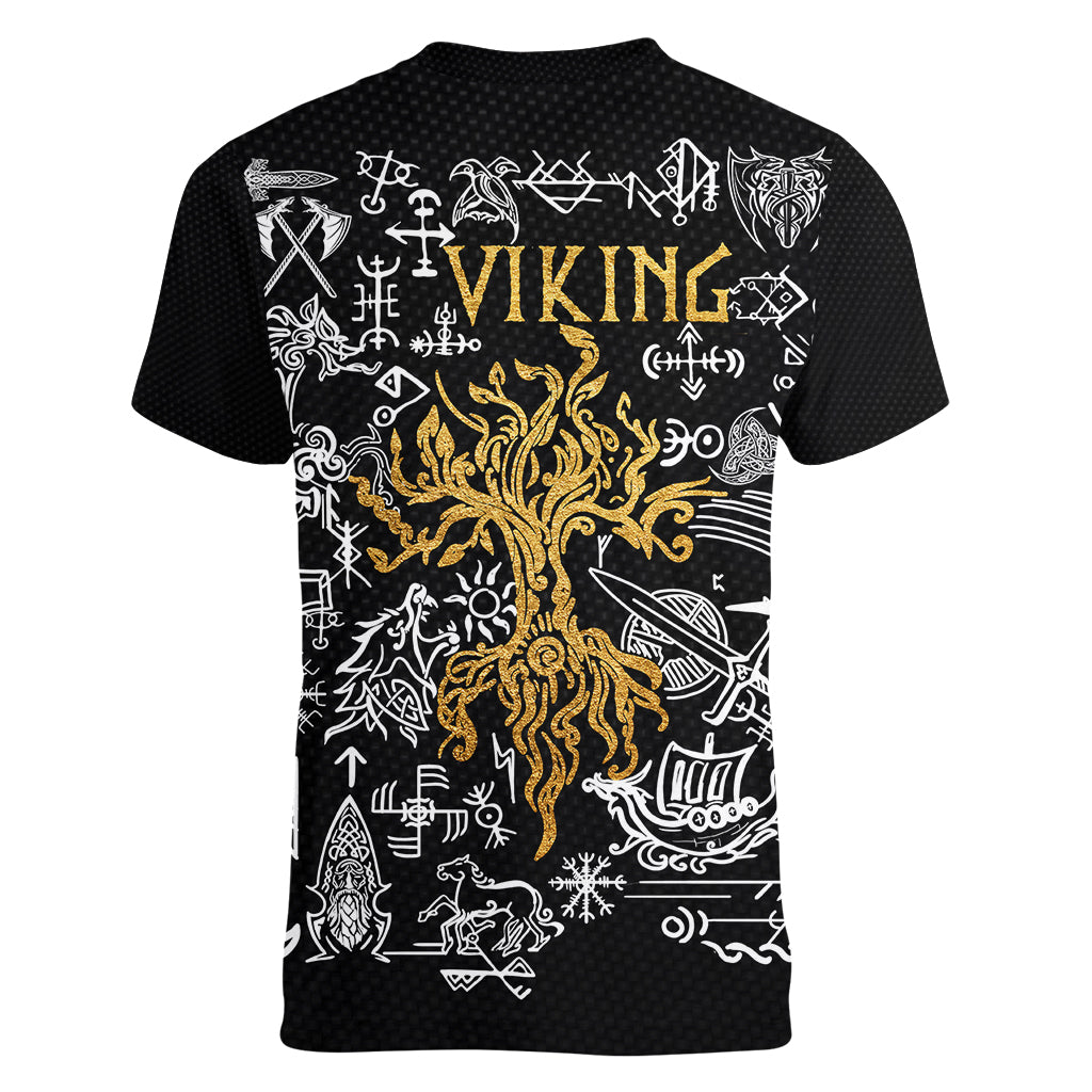 Viking Women V Neck T Shirt Yggdrasil Pattern And Ancient Rune - Wonder Print Shop