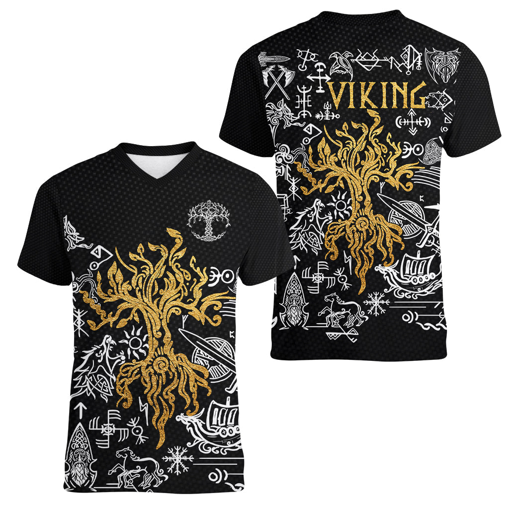 Viking Women V Neck T Shirt Yggdrasil Pattern And Ancient Rune - Wonder Print Shop