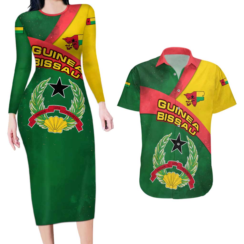 Guinea Bissau Couples Matching Long Sleeve Bodycon Dress and Hawaiian Shirt with Green Yellow Red Swirl Design - Wonder Print Shop