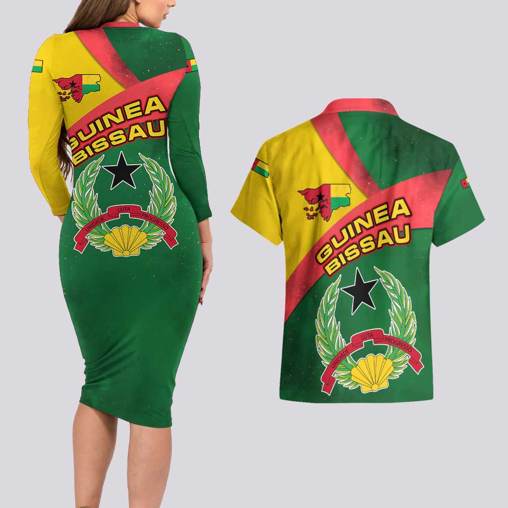 Guinea Bissau Couples Matching Long Sleeve Bodycon Dress and Hawaiian Shirt with Green Yellow Red Swirl Design - Wonder Print Shop