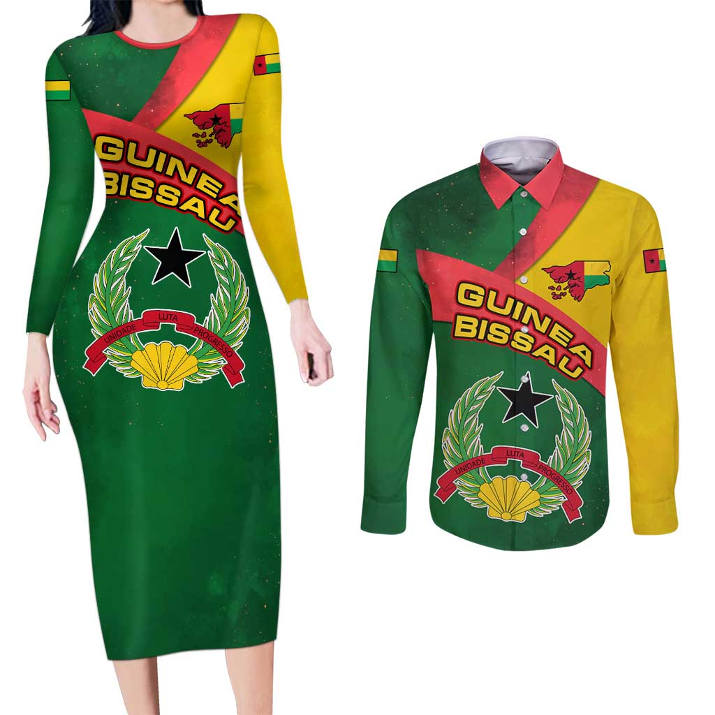 Guinea Bissau Couples Matching Long Sleeve Bodycon Dress and Long Sleeve Button Shirt with Green Yellow Red Swirl Design - Wonder Print Shop