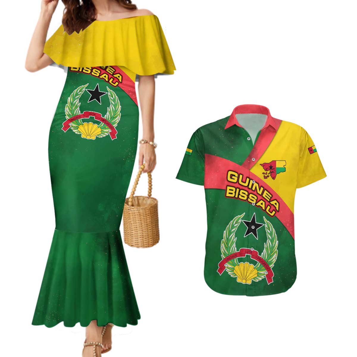 Guinea Bissau Couples Matching Mermaid Dress and Hawaiian Shirt with Green Yellow Red Swirl Design - Wonder Print Shop