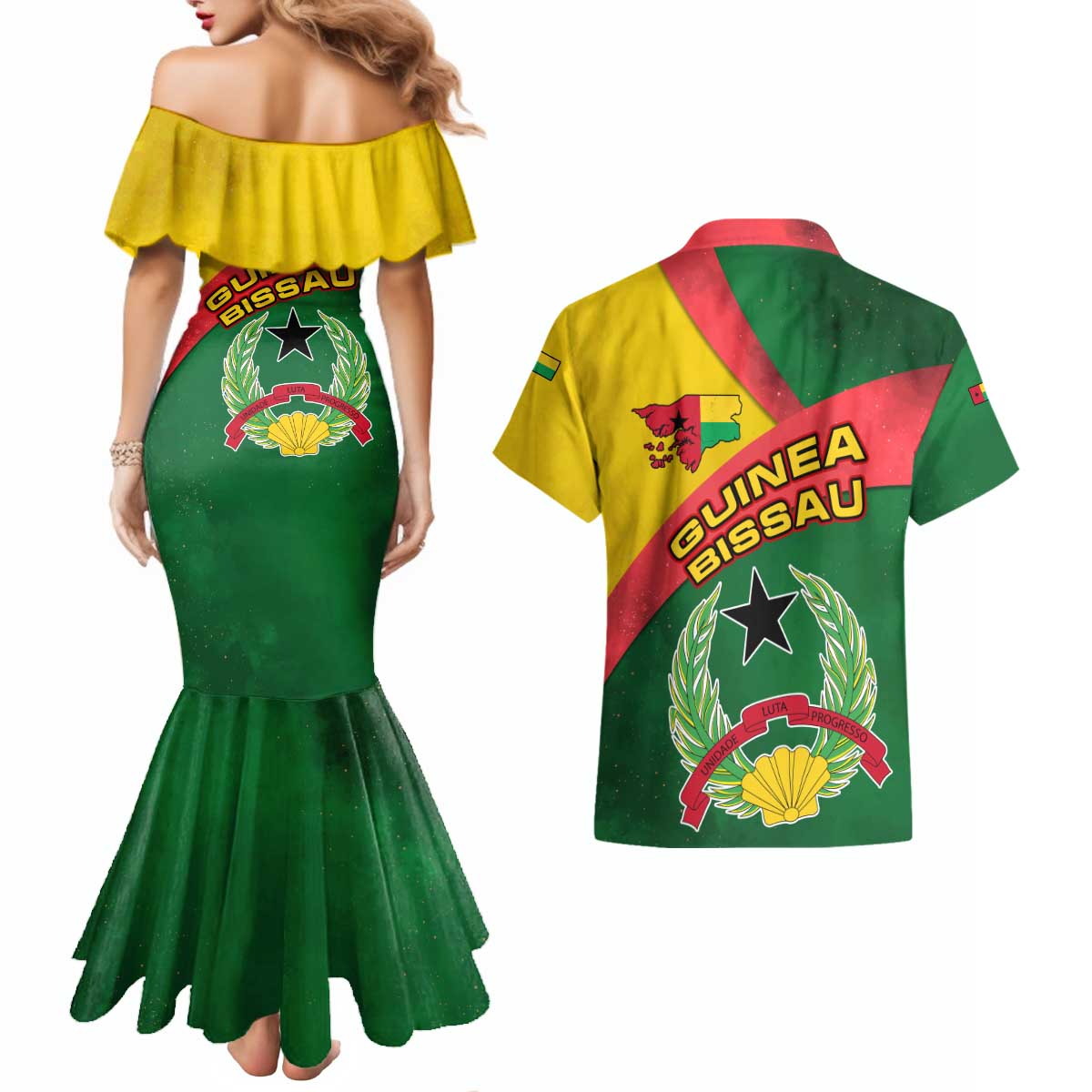 Guinea Bissau Couples Matching Mermaid Dress and Hawaiian Shirt with Green Yellow Red Swirl Design - Wonder Print Shop