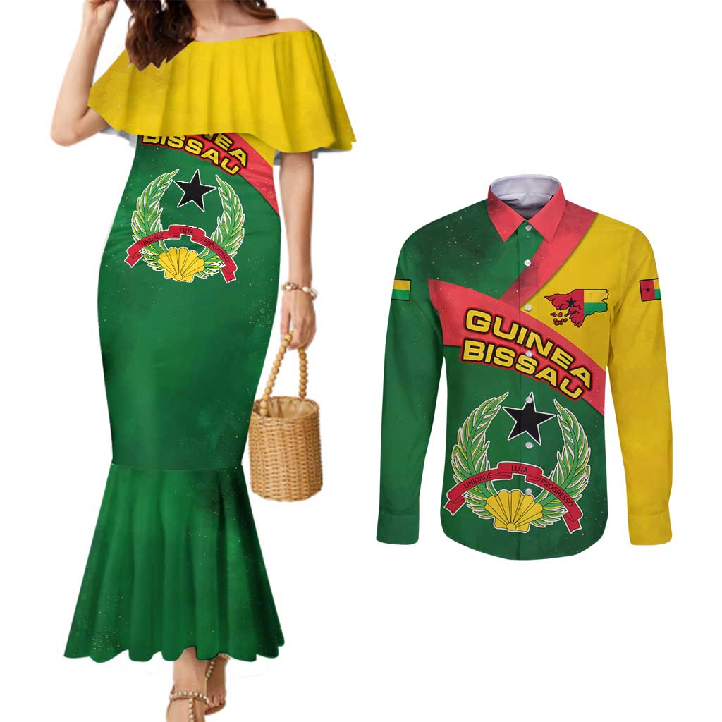 Guinea Bissau Couples Matching Mermaid Dress and Long Sleeve Button Shirt with Green Yellow Red Swirl Design - Wonder Print Shop