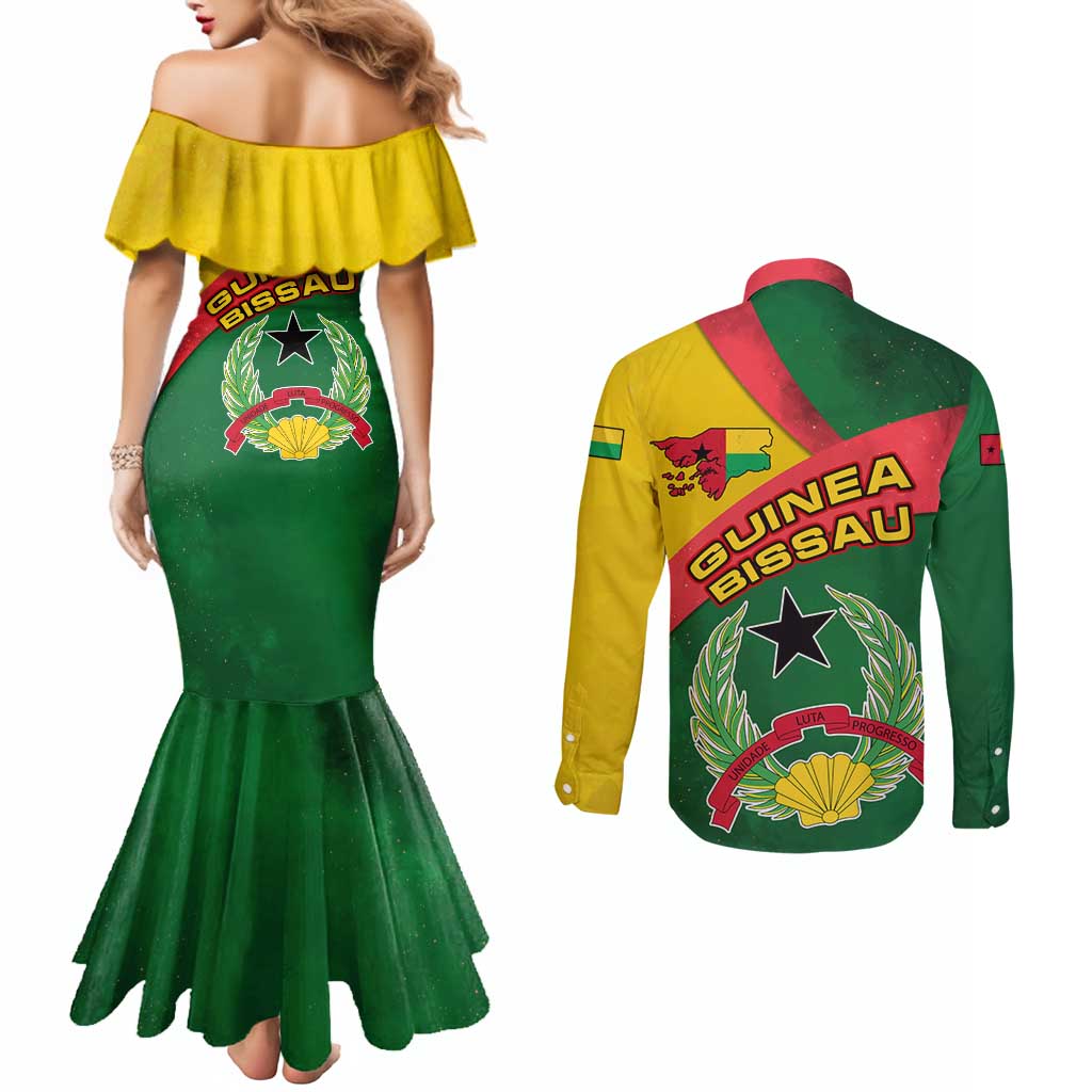Guinea Bissau Couples Matching Mermaid Dress and Long Sleeve Button Shirt with Green Yellow Red Swirl Design - Wonder Print Shop