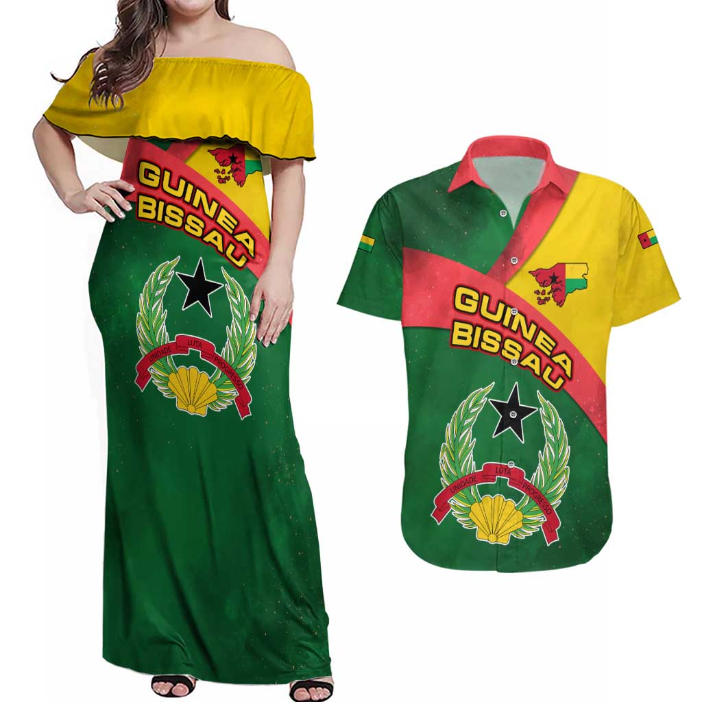Guinea Bissau Couples Matching Off Shoulder Maxi Dress and Hawaiian Shirt with Green Yellow Red Swirl Design - Wonder Print Shop