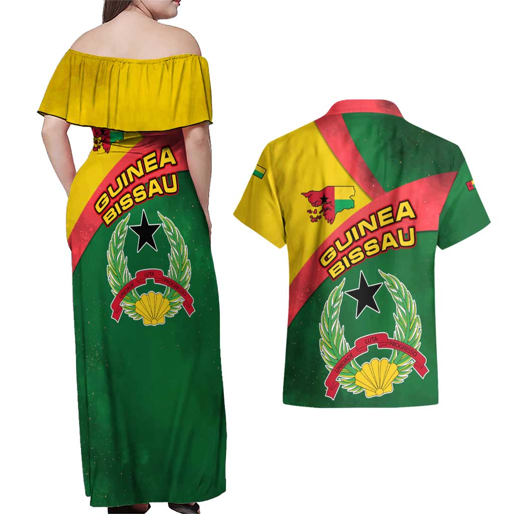 Guinea Bissau Couples Matching Off Shoulder Maxi Dress and Hawaiian Shirt with Green Yellow Red Swirl Design - Wonder Print Shop