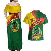 Guinea Bissau Couples Matching Off Shoulder Maxi Dress and Hawaiian Shirt with Green Yellow Red Swirl Design - Wonder Print Shop