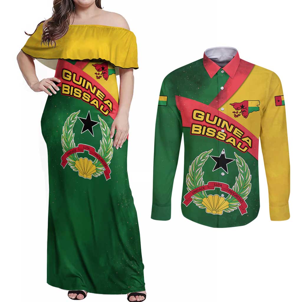 Guinea Bissau Couples Matching Off Shoulder Maxi Dress and Long Sleeve Button Shirt with Green Yellow Red Swirl Design - Wonder Print Shop