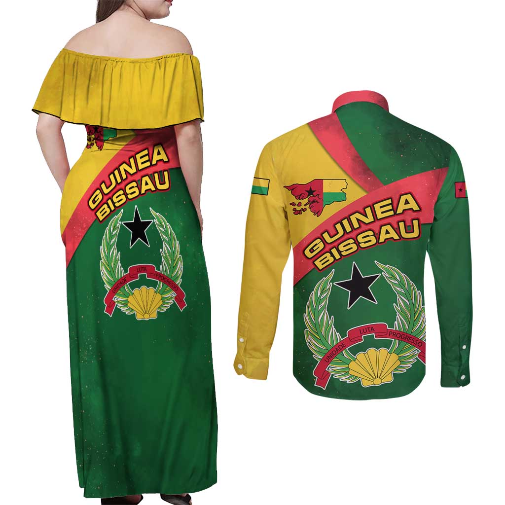 Guinea Bissau Couples Matching Off Shoulder Maxi Dress and Long Sleeve Button Shirt with Green Yellow Red Swirl Design - Wonder Print Shop