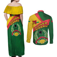 Guinea Bissau Couples Matching Off Shoulder Maxi Dress and Long Sleeve Button Shirt with Green Yellow Red Swirl Design - Wonder Print Shop