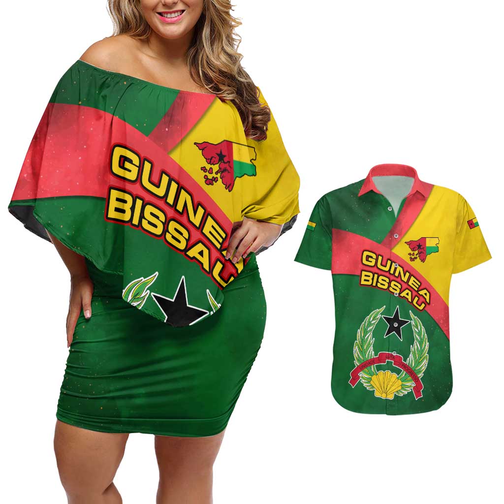 Guinea Bissau Couples Matching Off Shoulder Short Dress and Hawaiian Shirt with Green Yellow Red Swirl Design - Wonder Print Shop