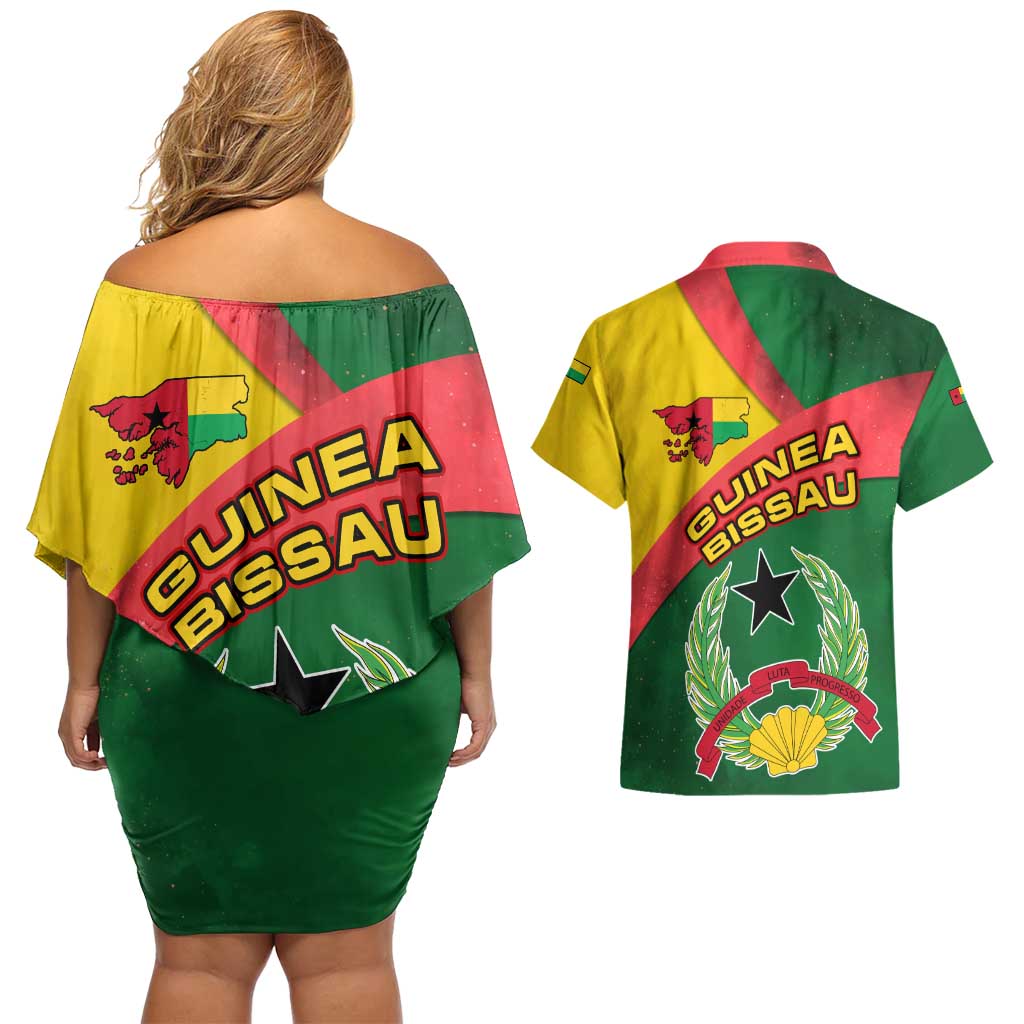 Guinea Bissau Couples Matching Off Shoulder Short Dress and Hawaiian Shirt with Green Yellow Red Swirl Design - Wonder Print Shop