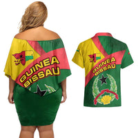Guinea Bissau Couples Matching Off Shoulder Short Dress and Hawaiian Shirt with Green Yellow Red Swirl Design - Wonder Print Shop