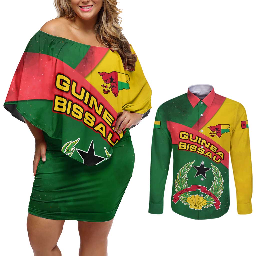 Guinea Bissau Couples Matching Off Shoulder Short Dress and Long Sleeve Button Shirt with Green Yellow Red Swirl Design - Wonder Print Shop