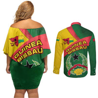 Guinea Bissau Couples Matching Off Shoulder Short Dress and Long Sleeve Button Shirt with Green Yellow Red Swirl Design - Wonder Print Shop