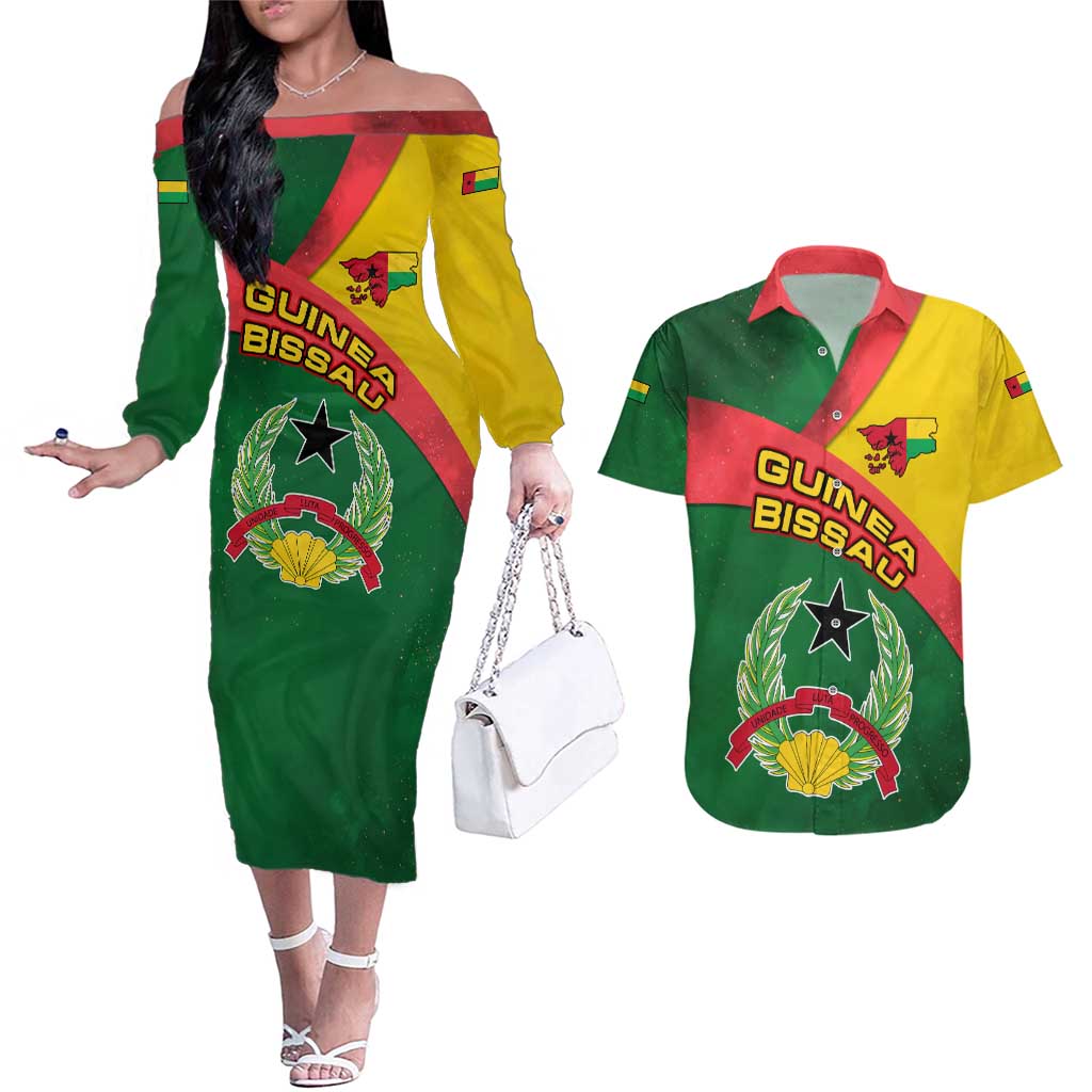 Guinea Bissau Couples Matching Off The Shoulder Long Sleeve Dress and Hawaiian Shirt with Green Yellow Red Swirl Design - Wonder Print Shop
